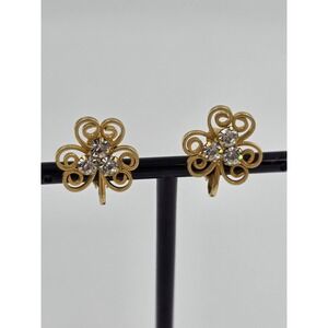 Vintage Gold Tone Filigree Shamrock Clip-On Earrings with Clear Rhinestones
